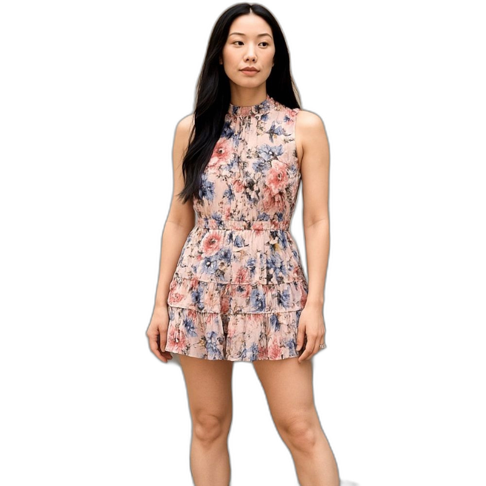 Everlily High Neck Sleeveless Blush Floral Chiffon Tiered Ruffle Dress Size XXL